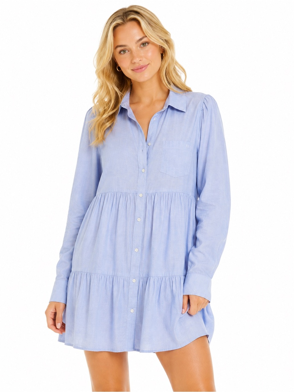 Crown & Ivy Size Large Light Blue Tiered Button-Front Boutique Style Dress
